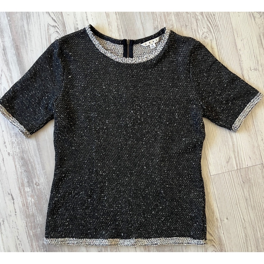 Cabi‎ Tweed Black White Textured Knit Short Sleeve Zip Back Top Womens M 542